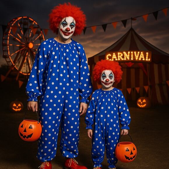 VTG Handmade Matching Blue Polka Dot Clown Costumes Adult & Child Set Halloween - Picture 1 of 13